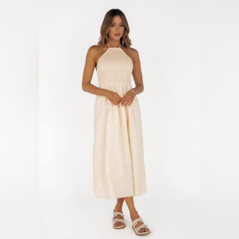 Dissh Aja Cream Linen Shirred Midi Dress AU6 NWOT